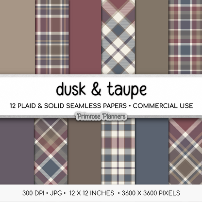 Dusk and Taupe Plaid Digital Paper, Muted Seamless Patterns, Moody Blue Tartan Backgrounds, Commercial Use Scrapbook Pack