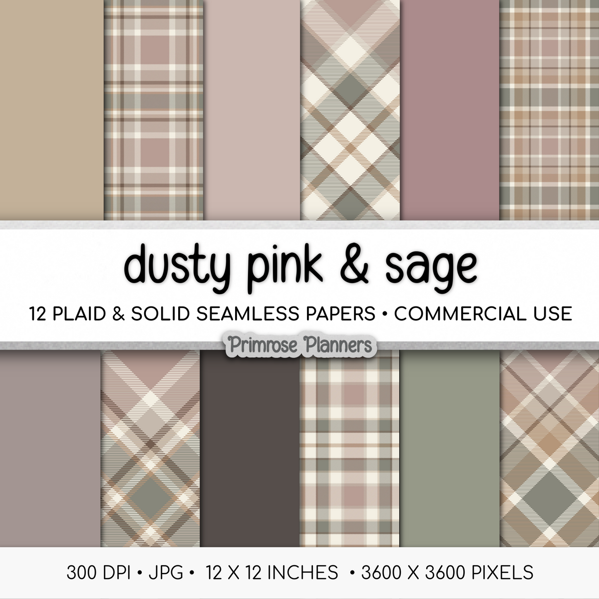 Dusty Pink Sage Charcoal Plaid Digital Paper, Boho Seamless Patterns, Neutral Tartan Backgrounds, Commercial Use Scrapbook Pack