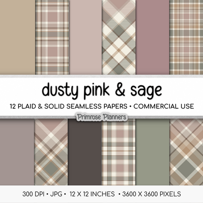 Dusty Pink Sage Charcoal Plaid Digital Paper, Boho Seamless Patterns, Neutral Tartan Backgrounds, Commercial Use Scrapbook Pack