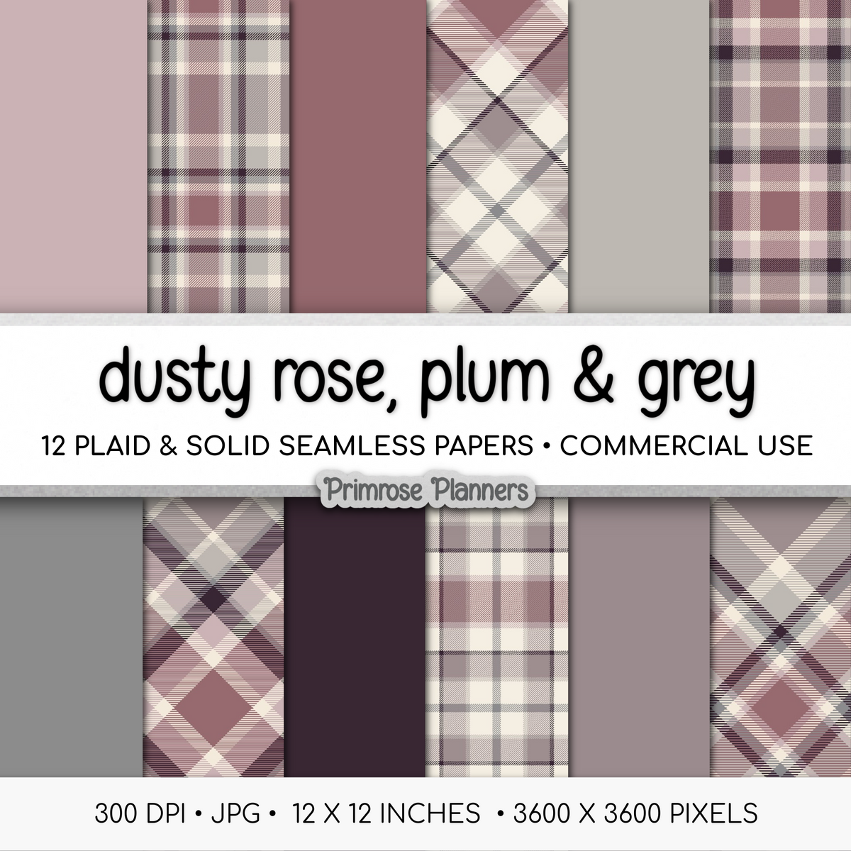 Dusty Rose Plum Grey Plaid Digital Paper, Moody Seamless Patterns, Romantic Fall Tartan, Commercial Use Scrapbook Paper Pack