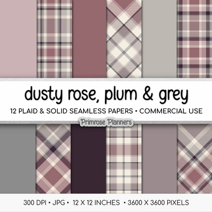 Dusty Rose Plum Grey Plaid Digital Paper, Moody Seamless Patterns, Romantic Fall Tartan, Commercial Use Scrapbook Paper Pack