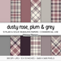 Dusty Rose Plum Grey Plaid Digital Paper, Moody Seamless Patterns, Romantic Fall Tartan, Commercial Use Scrapbook Paper Pack