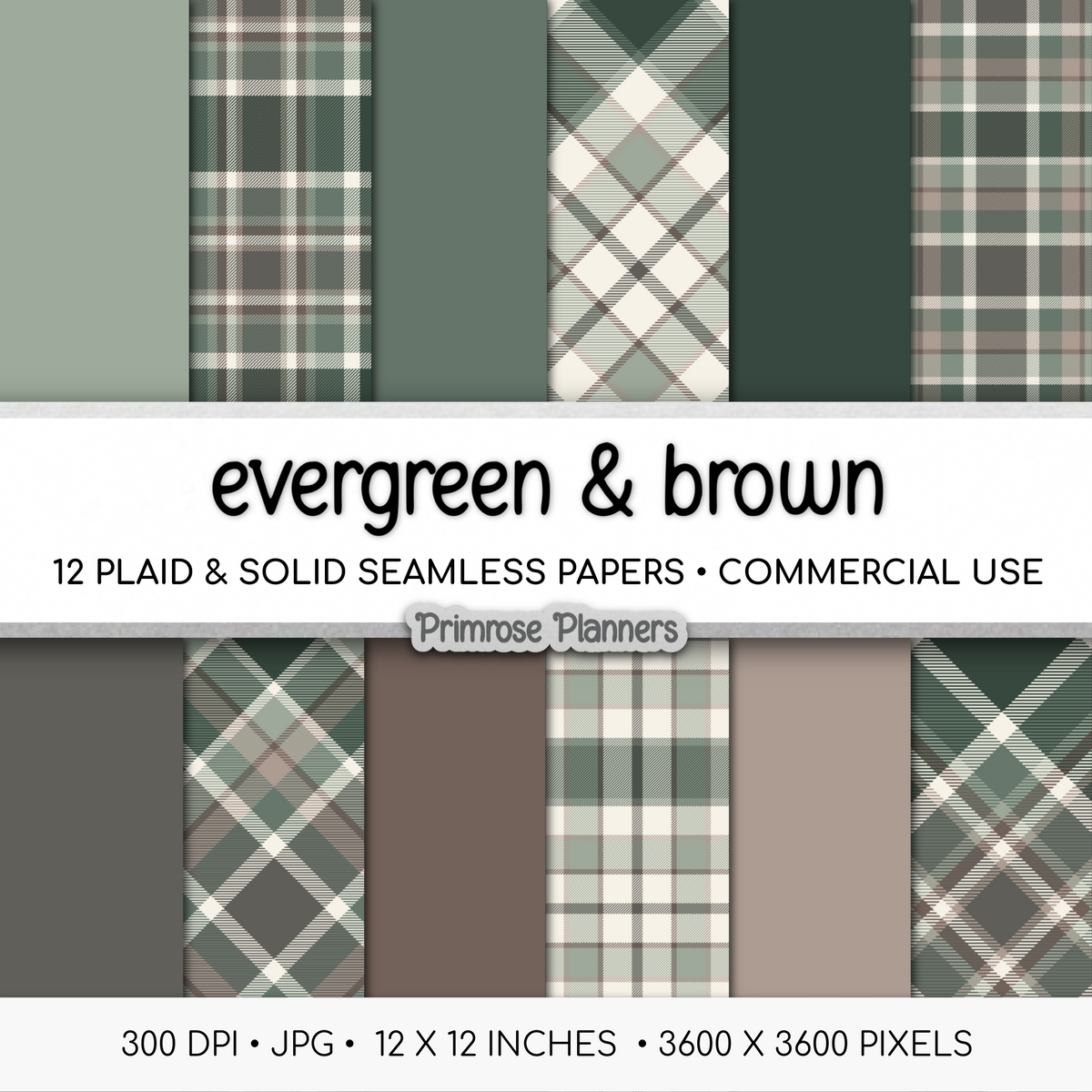 Evergreen Brown Plaid Digital Paper, Rustic Woodland Seamless Patterns, Modern Farmhouse Tartan, Commercial Use Scrapbook Pack
