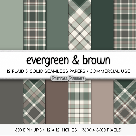 Evergreen Brown Plaid Digital Paper, Rustic Woodland Seamless Patterns, Modern Farmhouse Tartan, Commercial Use Scrapbook Pack