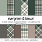 Evergreen Brown Plaid Digital Paper, Rustic Woodland Seamless Patterns, Modern Farmhouse Tartan, Commercial Use Scrapbook Pack