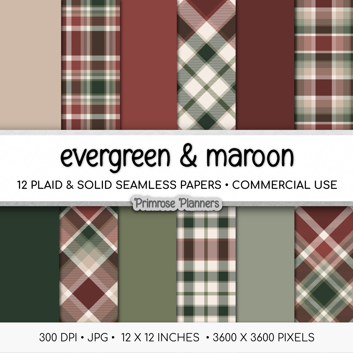 Evergreen Maroon Plaid Digital Paper, Winter Seamless Patterns, Christmas Tartan Backgrounds, Commercial Use Scrapbook Pack