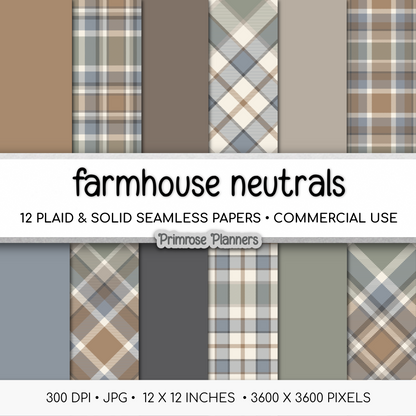 Farmhouse Neutral Plaid Digital Paper, Muted Seamless Patterns, Rustic Tartan Backgrounds, Commercial Use Scrapbook Pack