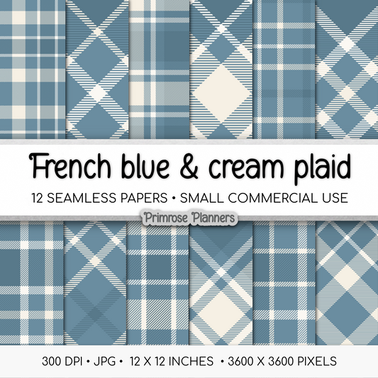 French Blue & Cream Plaid Digital Paper | 12 Seamless Check Patterns | Printable 12x12 Scrapbook Backgrounds | Commercial Use Download