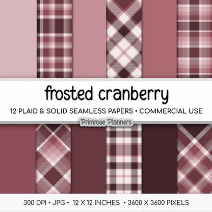 Frosted Cranberry Plaid Digital Paper, Burgundy Seamless Patterns, Farmhouse Gingham Scrapbook Backgrounds, Minimalist Commercial Use
