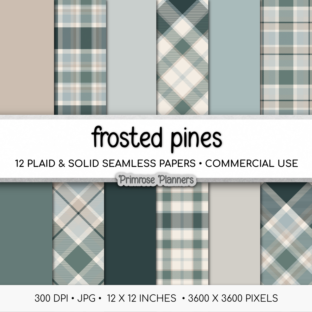 Frosted Pines Plaid Digital Paper, Winter Blue and Green Seamless Patterns, Cozy Holiday Tartan, Commercial Use Scrapbook Pack
