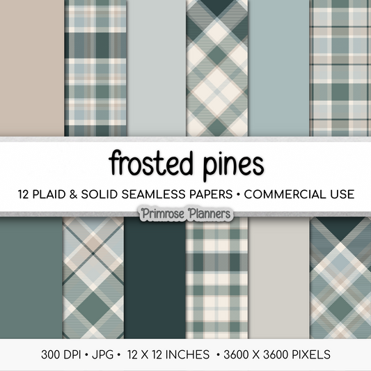 Frosted Pines Plaid Digital Paper, Winter Blue and Green Seamless Patterns, Cozy Holiday Tartan, Commercial Use Scrapbook Pack