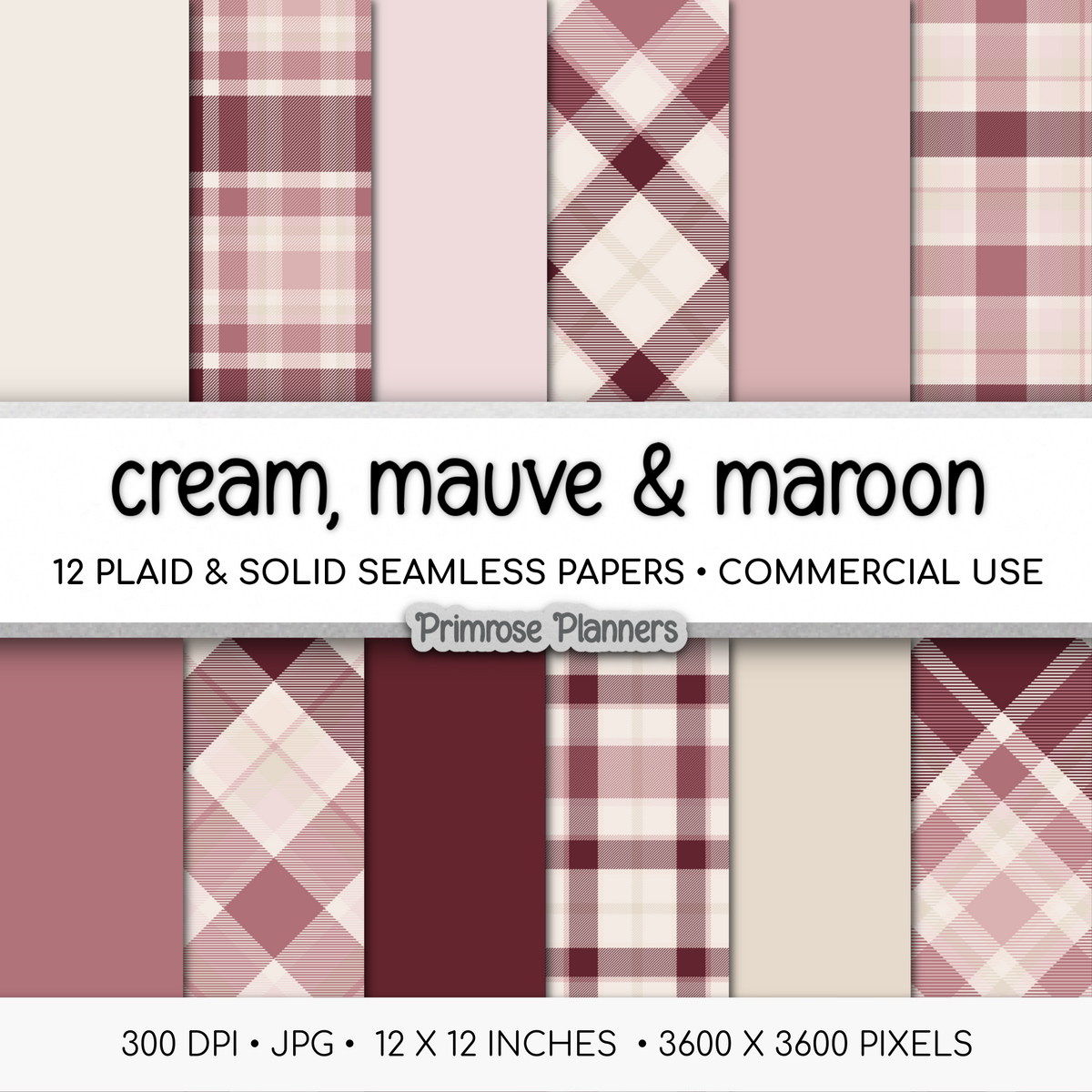 Cream Mauve Maroon Plaid Digital Paper, Valentines Seamless Patterns, Romantic Tartan Backgrounds, Commercial Use Scrapbook Pack