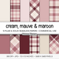 Cream Mauve Maroon Plaid Digital Paper, Valentines Seamless Patterns, Romantic Tartan Backgrounds, Commercial Use Scrapbook Pack