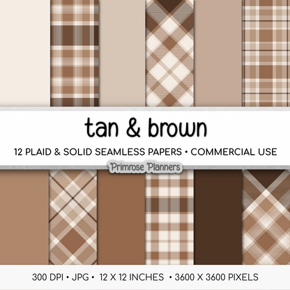 Gingerbread Tan Brown Plaid Digital Paper, Neutral Winter Seamless Patterns, Cozy Tartan Backgrounds, Commercial Use Scrapbook Pack