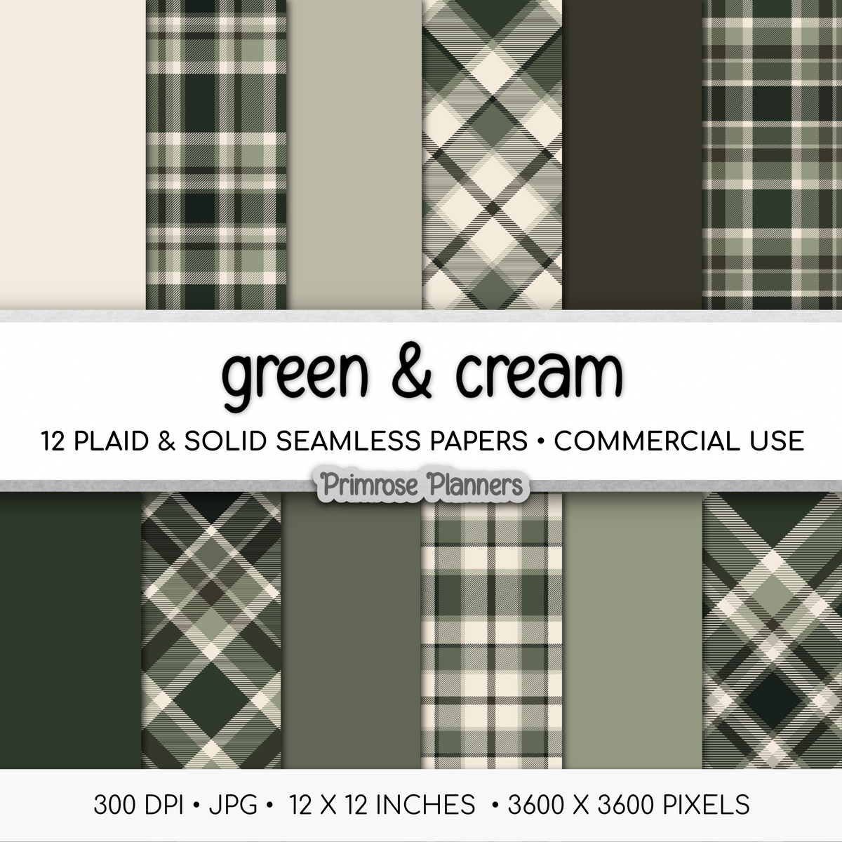 Green and Cream Plaid Digital Paper, Earthy Seamless Patterns, Forest Tartan Backgrounds, Commercial Use Scrapbook Pack