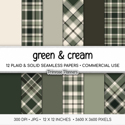 Green and Cream Plaid Digital Paper, Earthy Seamless Patterns, Forest Tartan Backgrounds, Commercial Use Scrapbook Pack
