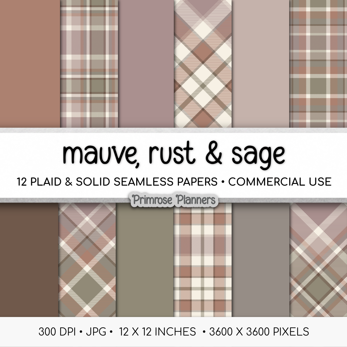 Mauve Rust Sage Plaid Digital Paper, Boho Fall Seamless Patterns, Tartan Backgrounds, Commercial Use Scrapbook Pack