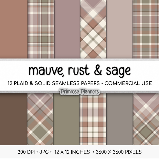 Mauve Rust Sage Plaid Digital Paper, Boho Fall Seamless Patterns, Tartan Backgrounds, Commercial Use Scrapbook Pack