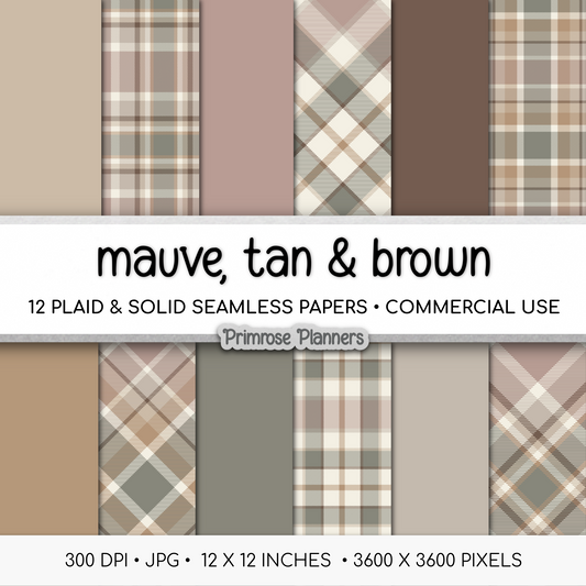 Mauve Tan Brown Plaid Digital Paper, Neutral Boho Seamless Patterns, Tartan Backgrounds, Commercial Use Scrapbook Pack