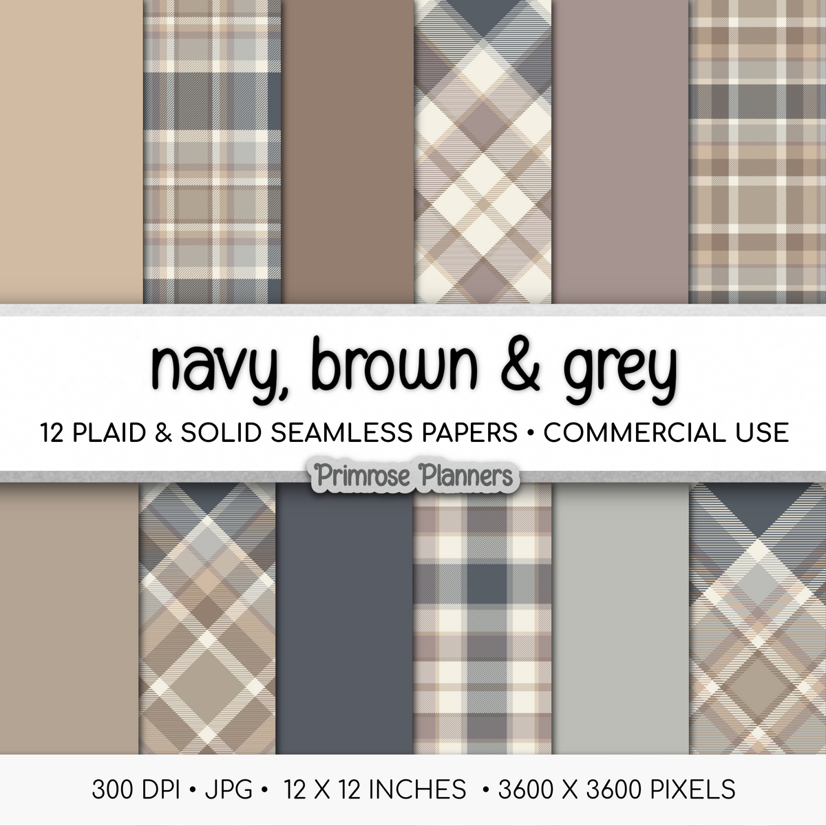Navy Brown Grey Plaid Digital Paper, Neutral Seamless Patterns, Farmhouse Gingham Scrapbook Backgrounds, Minimalist Commercial Use