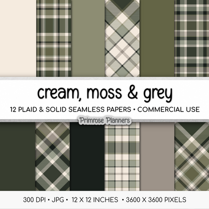 Cream Moss & Grey Plaid Digital Paper, Green Seamless Patterns, Farmhouse Gingham Scrapbook Backgrounds, Minimalist Commercial Use