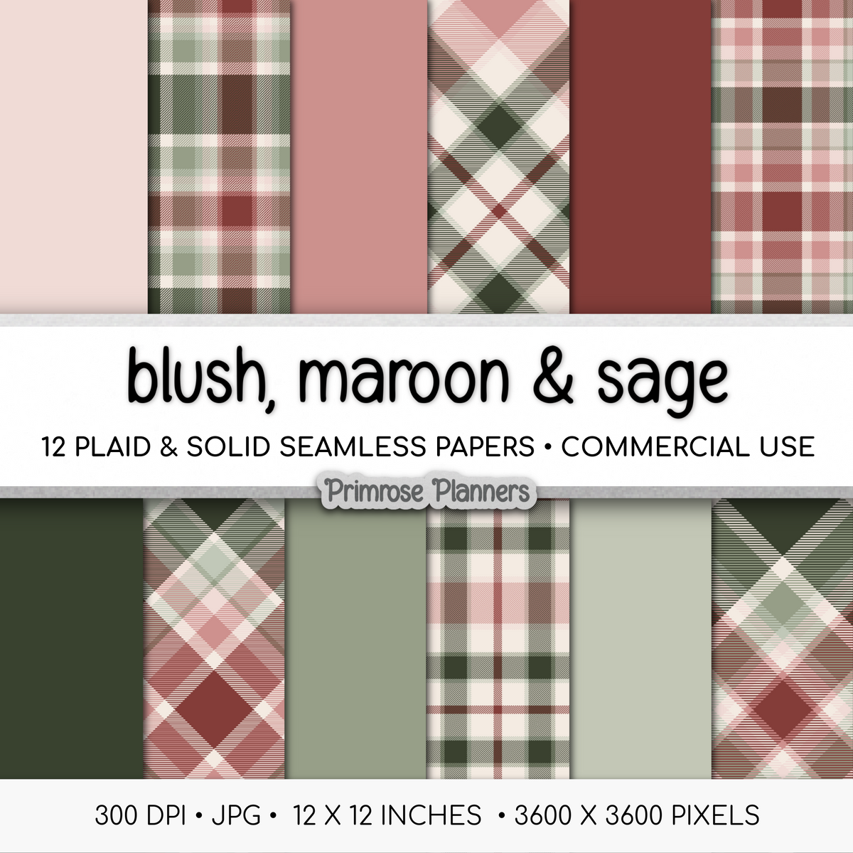 Blush Maroon & Sage Plaid Digital Paper, Christmas Seamless Patterns, Farmhouse Holiday Scrapbook Backgrounds, Commercial Use