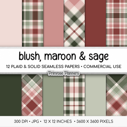 Blush Maroon & Sage Plaid Digital Paper, Christmas Seamless Patterns, Farmhouse Holiday Scrapbook Backgrounds, Commercial Use