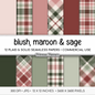 Blush Maroon & Sage Plaid Digital Paper, Christmas Seamless Patterns, Farmhouse Holiday Scrapbook Backgrounds, Commercial Use