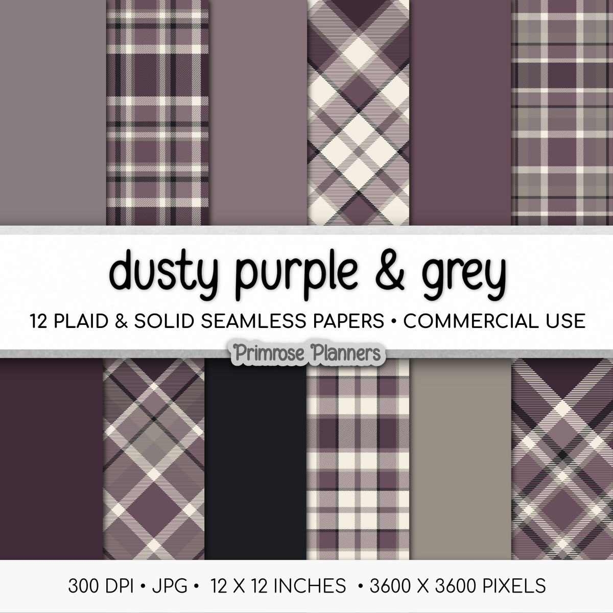 Dusty Purple & Grey Plaid Digital Paper, Moody Seamless Patterns, Farmhouse Gingham Scrapbook Backgrounds, Minimalist Commercial Use