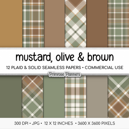Mustard Olive Brown Plaid Digital Paper, Earth Tone Seamless Patterns, Fall Gingham Scrapbook Backgrounds, Minimalist Commercial Use