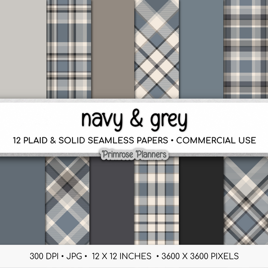 Navy & Grey Plaid Digital Paper, Blue Seamless Patterns, Farmhouse Gingham Scrapbook Backgrounds, Minimalist Commercial Use