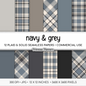 Navy & Grey Plaid Digital Paper, Blue Seamless Patterns, Farmhouse Gingham Scrapbook Backgrounds, Minimalist Commercial Use