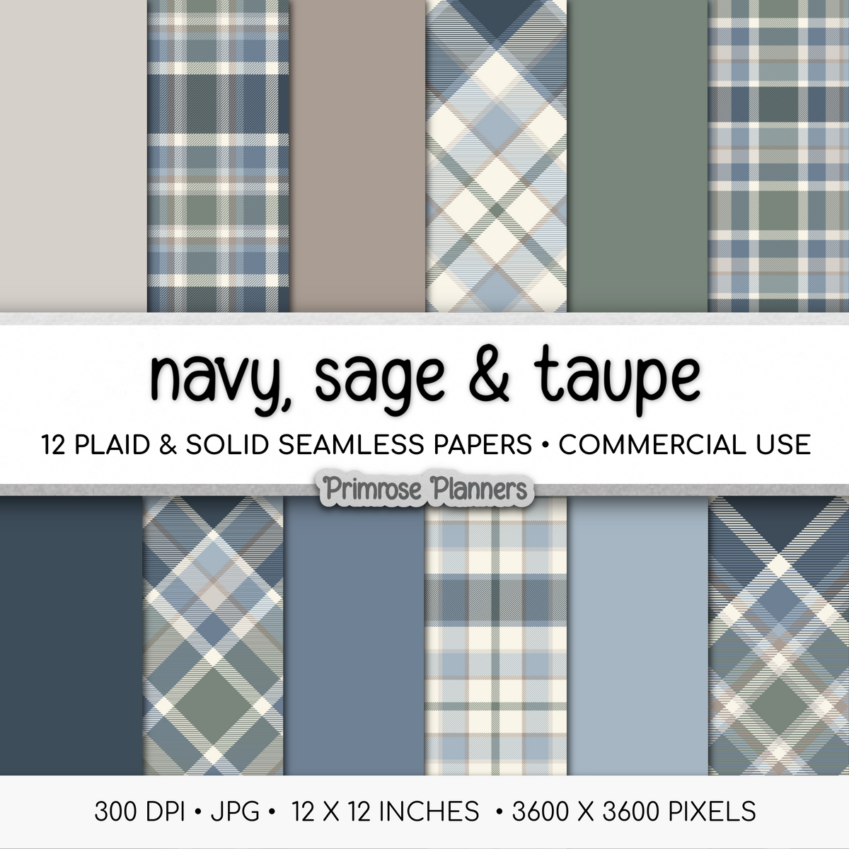 Navy Sage Taupe Plaid Digital Papers, Earth Tone Seamless Patterns (Commercial Use)