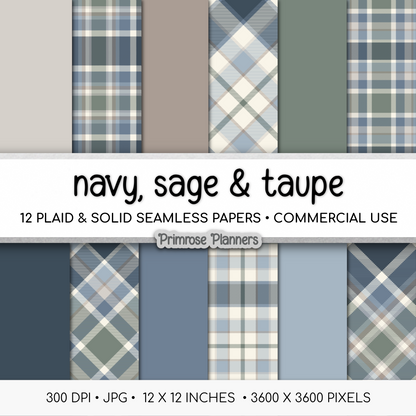 Navy Sage Taupe Plaid Digital Papers, Earth Tone Seamless Patterns (Commercial Use)