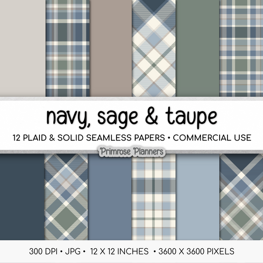 Navy Sage Taupe Plaid Digital Papers, Earth Tone Seamless Patterns (Commercial Use)