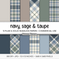 Navy Sage Taupe Plaid Digital Papers, Earth Tone Seamless Patterns (Commercial Use)