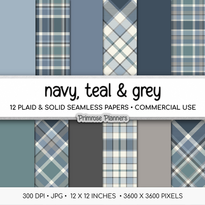 Navy Teal Grey Plaid Digital Paper, Blue Seamless Patterns, Farmhouse Gingham Scrapbook Backgrounds, Minimalist Commercial Use