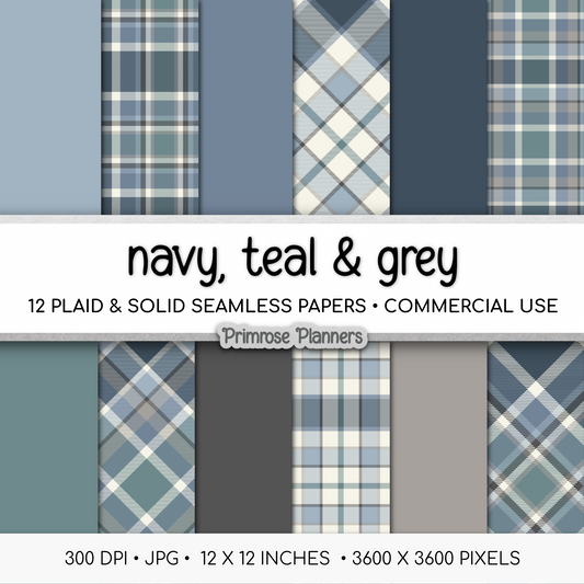 Navy Teal Grey Plaid Digital Paper, Blue Seamless Patterns, Farmhouse Gingham Scrapbook Backgrounds, Minimalist Commercial Use