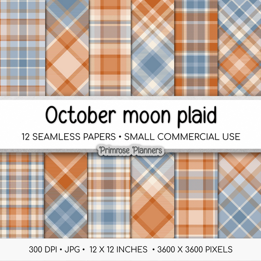 October Nights Tartan Plaid Digital Paper, Blue Orange Fall Scrapbook Backgrounds, Cozy Thanksgiving Pattern, Commercial Use