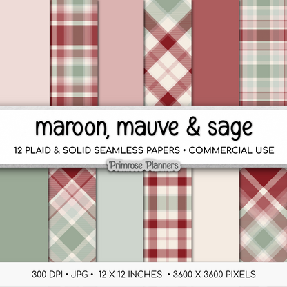 Maroon Mauve Sage Plaid Digital Paper, Christmas Seamless Patterns, Farmhouse Gingham Scrapbook Backgrounds, Minimalist Commercial Use