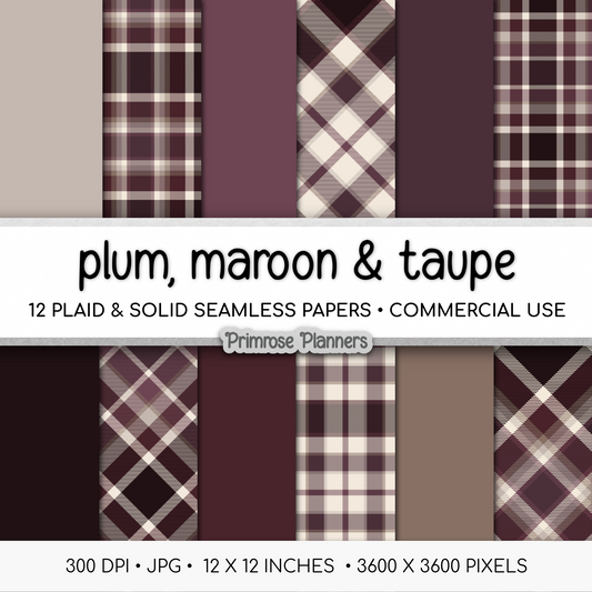 Plum Maroon Taupe Plaid Digital Paper, Earth Tone Seamless Patterns, Farmhouse Gingham Scrapbook Backgrounds, Commercial Use