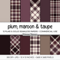 Plum Maroon Taupe Plaid Digital Paper, Earth Tone Seamless Patterns, Farmhouse Gingham Scrapbook Backgrounds, Commercial Use