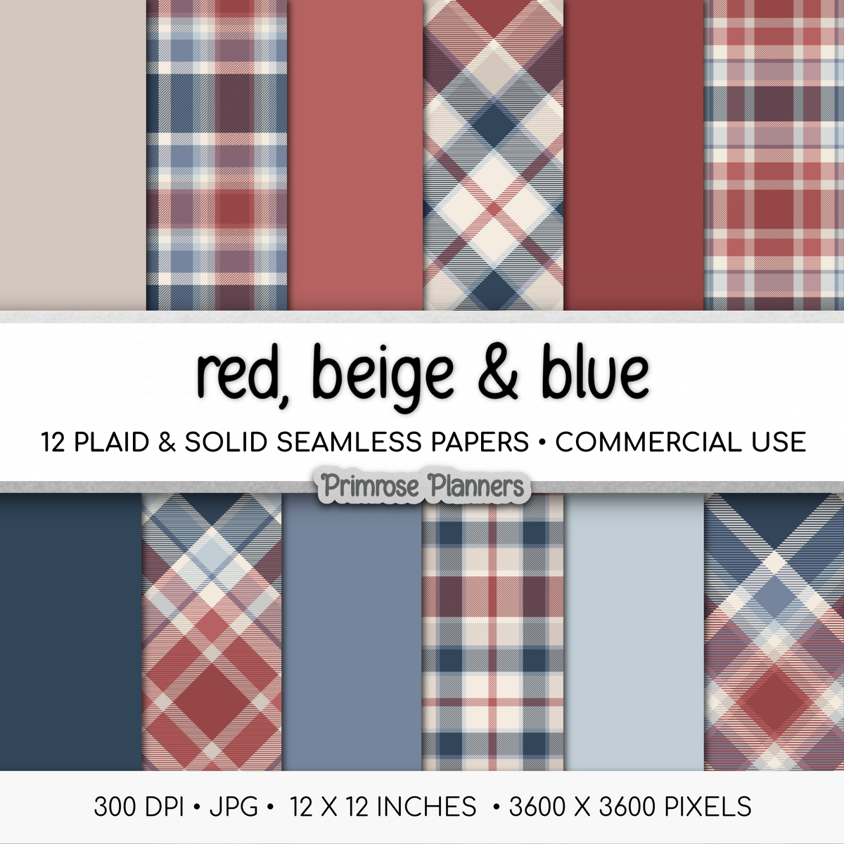 Red Beige Blue Plaid Digital Paper, Americana Seamless Patterns, Coastal Farmhouse Tartan, Commercial Use Scrapbook Pack
