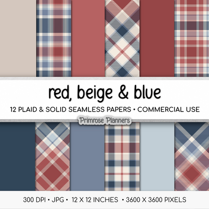 Red Beige Blue Plaid Digital Paper, Americana Seamless Patterns, Coastal Farmhouse Tartan, Commercial Use Scrapbook Pack