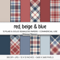 Red Beige Blue Plaid Digital Paper, Americana Seamless Patterns, Coastal Farmhouse Tartan, Commercial Use Scrapbook Pack