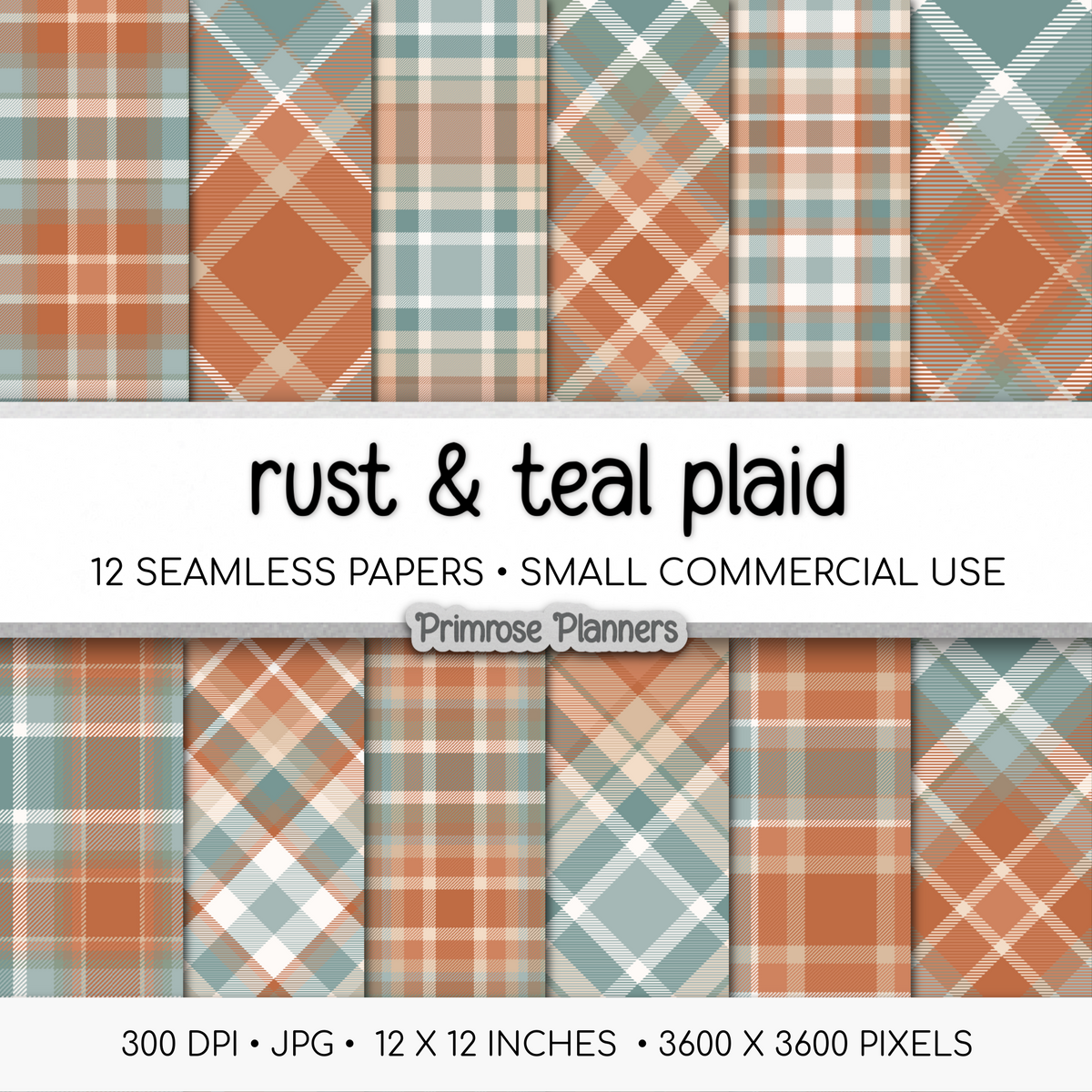 Rust and Teal Tartan Plaid Digital Paper Pack, Orange Blue Fall Scrapbook Backgrounds, Cozy Thanksgiving Pattern