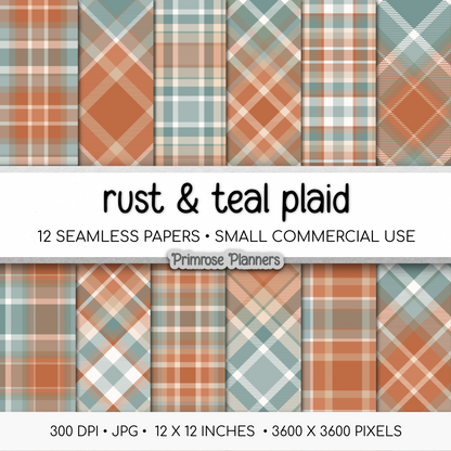 Rust and Teal Tartan Plaid Digital Paper Pack, Orange Blue Fall Scrapbook Backgrounds, Cozy Thanksgiving Pattern