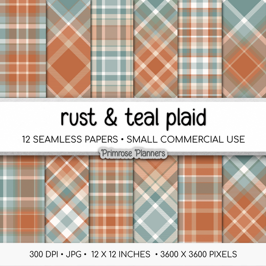 Rust and Teal Tartan Plaid Digital Paper Pack, Orange Blue Fall Scrapbook Backgrounds, Cozy Thanksgiving Pattern