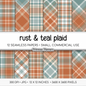 Rust and Teal Tartan Plaid Digital Paper Pack, Orange Blue Fall Scrapbook Backgrounds, Cozy Thanksgiving Pattern