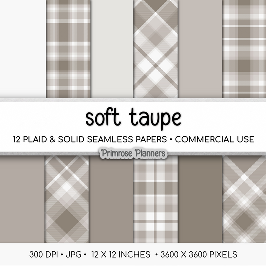 Soft Taupe Plaid Digital Paper, Neutral Beige Seamless Patterns, Farmhouse Gingham Scrapbook Backgrounds, Minimalist Commercial Use